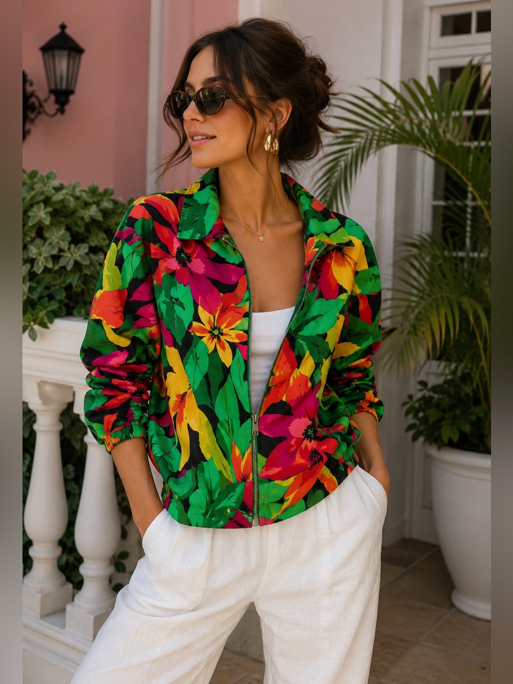 Vintage Erin London Tropical Floral Jacket 90s Resort Botanical Zip  Cotton